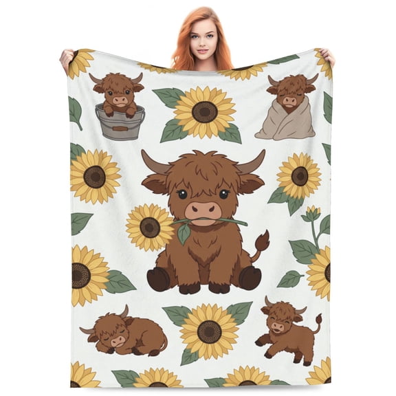 Highland Cow Blanket Gifts , Gifts with Sunflower, Warm Flannel Throw for Couch 50x40