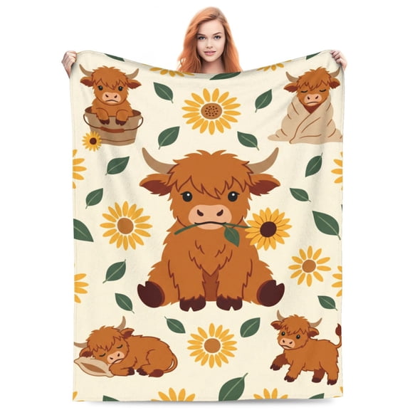 Highland Cow Blanket, Highland Cow Throw Blanket, Sunflower Design, Warm Soft Flannel Throw,Cozy Blanket for Couch Sofa Bed Home Decor 50x40
