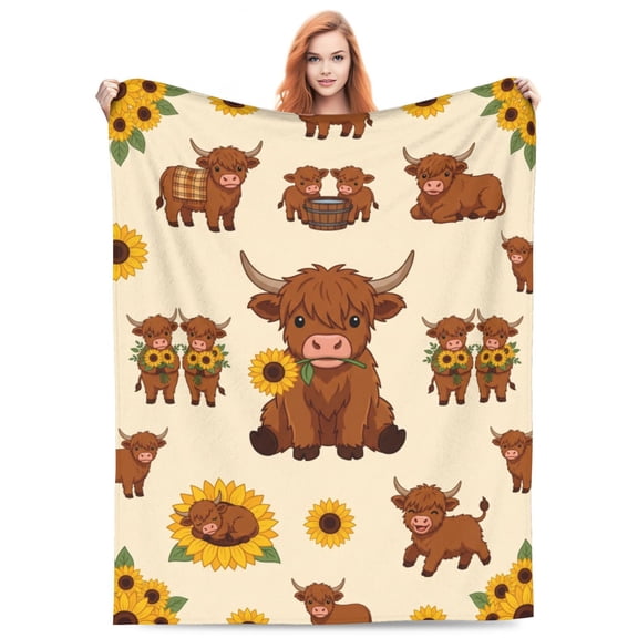 Highland Cow Blanket, Highland Cow Throw Blanket, Sunflower Design, Warm Soft Flannel Throw,Cozy Blanket for Couch Sofa Bed Home Decor 50x40