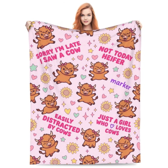 Highland Cow Blanket, Kawaii Highland Cattle Illustration Soft Flannel Fleece Blanket, Pastel Pink Decorative Throw For Couch 50x40