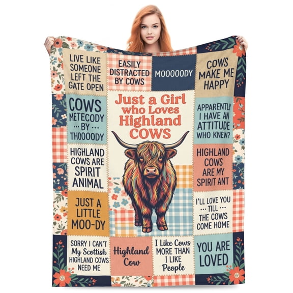 Highland Cow Blanket, Rainbow Patchwork Quilt Style Highland Cow Quote Collage For Sofa Couch Bed, Soft Flannel Home Office Nap Wrap 50x40