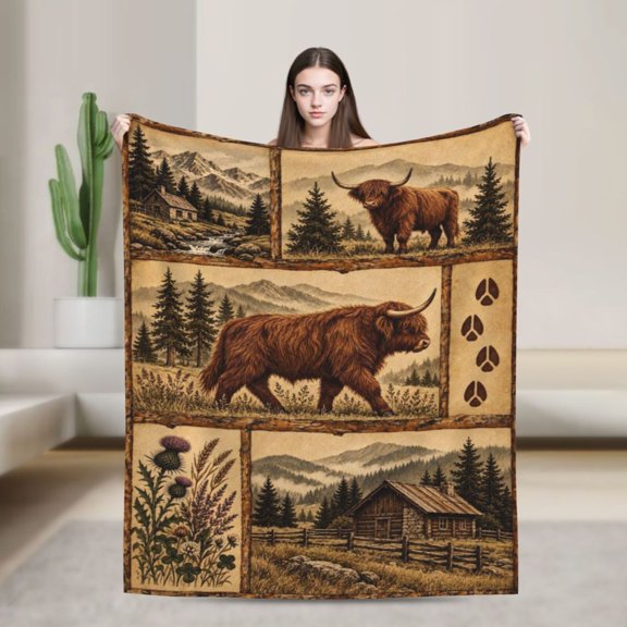 Highland Cow Blanket Rustic Mountain Cabin Flannel Throw Blanket Gift for Cow Lovers Farmhouse Home Decor 50x40 in