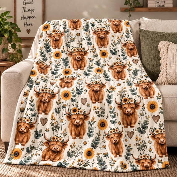 Cow Db Highland Cow Blanket, Sunflower Floral Throw Blanket, Cozy Farmhouse ...