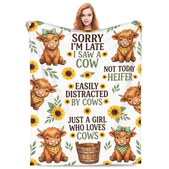 Highland Cow Blanket, Sunflowers And Highland Cattle Farmhouse Illustration Soft Flannel Fleece Blanket, Rustic Cow Lover Gift Throw For Couch 50x40