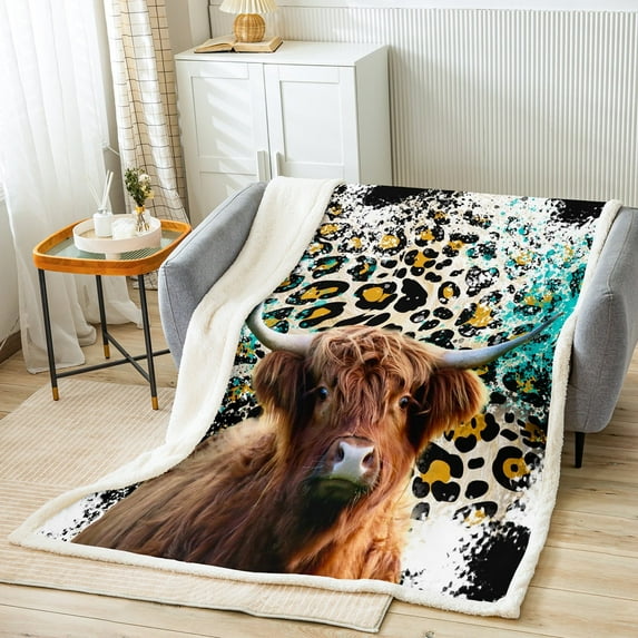 Highland Cow Blanket Teal Brown Leopard Print Throw Blanket 30"x40",Farmhouse Longhorn Bull Cattle Fleece Blanket Farm Animals Western Decor