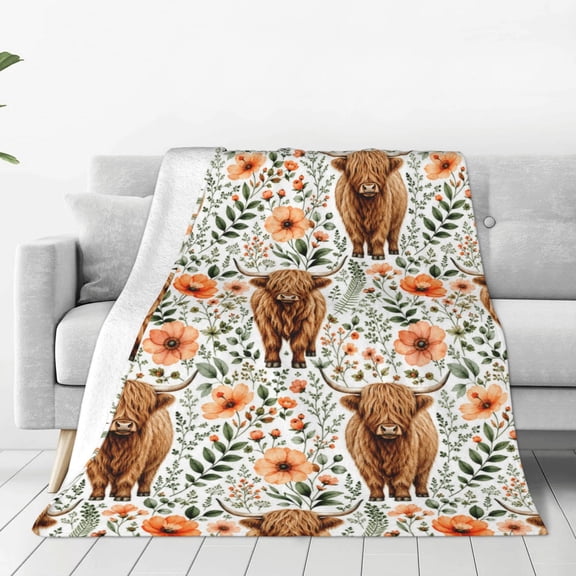 Highland Cow Blanket Watercolor Flower Floral Throw Blanket Rustic Cow Print Blankets Farmhouse Plush Throw Blankets Fuzzy Cozy Soft Warm Fleece Blankets for Couch Bed Sofa 50x40