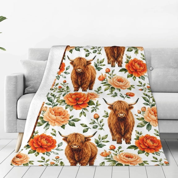 Highland Cow Blanket Watercolor Flower Floral Throw Blanket Rustic Cow Print Blankets Farmhouse Plush Throw Blankets Fuzzy Cozy Soft Warm Fleece Blankets for Couch Bed Sofa 50x40