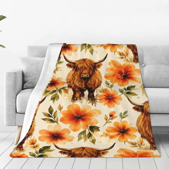 Highland Cow Blanket Watercolor Flower Floral Throw Blanket Rustic Cow Print Blankets Farmhouse Plush Throw Blankets Fuzzy Cozy Soft Warm Fleece Blankets for Couch Bed Sofa 50x40
