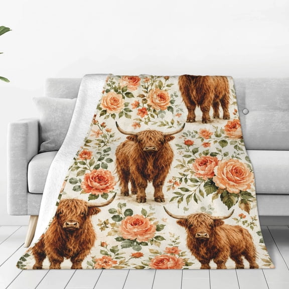 Highland Cow Blanket Watercolor Flower Floral Throw Blanket Rustic Cow Print Blankets Farmhouse Plush Throw Blankets Fuzzy Cozy Soft Warm Fleece Blankets for Couch Bed Sofa 50x40