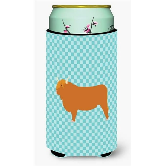 Highland Cow Blue Check Tall Boy Beverage Insulator Hugger