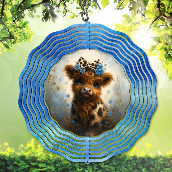 Highland Cow Blue Eyed Calf Wind Spinner Floral Garden Yard Art Outdoor Metal Decor Farmhouse Style Gift