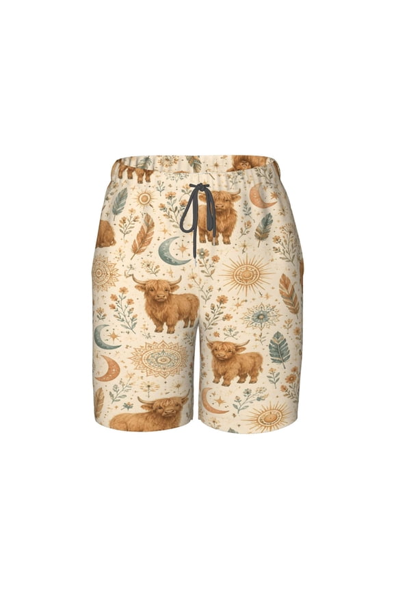 Highland Cow Boho Beach Pants Lightweight Teen Shorts with Mesh Lining and Drawstring