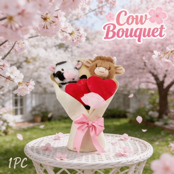 Highland Cow Bouquet - Adorable White Stuffed Cow with Floral Accents for Valentine's Day, Unique Romantic Gift for Women, Aesthetic Home Decor and Soft Office Accessory