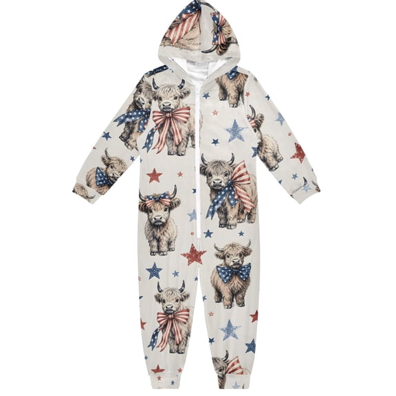 Highland Cow Bow Boys & Girls Hooded One-Piece Pajamas Warm Crystal velvet Hooded Long Sleeve Loungewear Jumpsuit Unisex