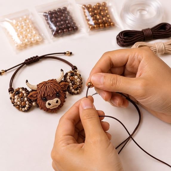 Highland Cow Bracelet Making Kits, Complete Beaded Jewelry Supplies, DIY Handmade Craft Sets with Instructions, Creative Chenille Sticks Art Toys for Hobbyists Adults Handicraft Making, 4*2in