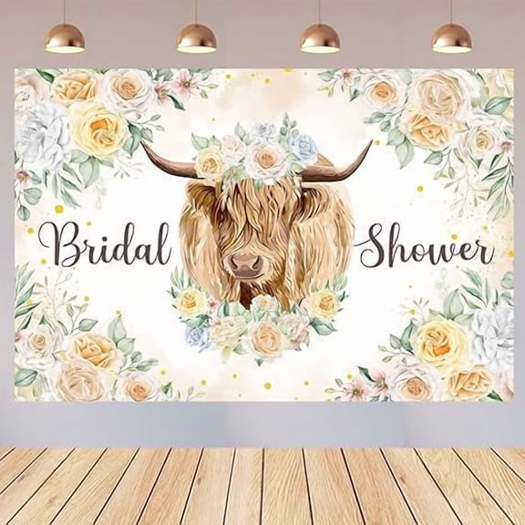 Highland Cow Bridal Shower Decorations Backdrop Girl Women, Holy Cattle Boho Floral Flower Farm Print Photography Background for Engagement Bachelorette Bridal Shower