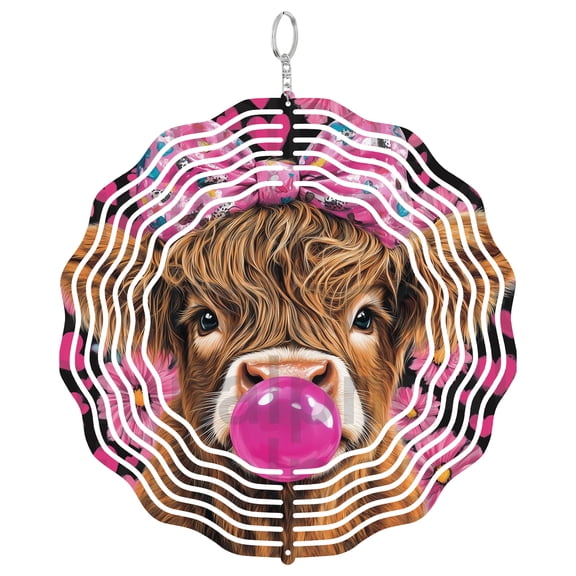 Highland Cow Bubble Gum Wind Spinner Metal Outdoor Decor Whimsical Animal Pink
