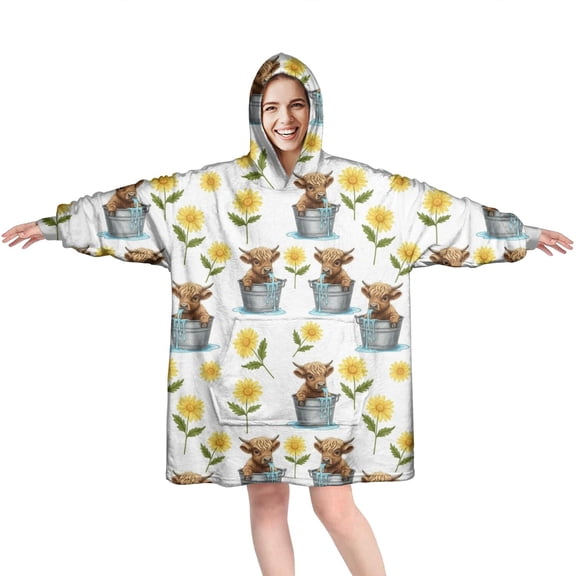 Highland Cow Bucket Flower Pattern Wearable Oversized Blanket,Wearable Blanket Hoodie for Adults,Cozy Hooded Blankets with Super Pockets,Super Warm Fuzzy Pullover for Women & Men
