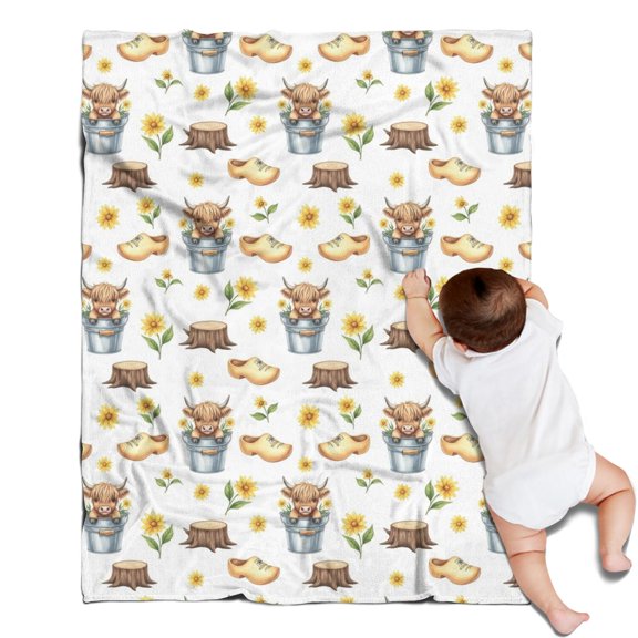 Highland Cow Bucket Flower Shoe Pattern Blanket,Comfortable Soft Flannel Throw Blanket,All Season,Warm Lightweight Blankets for Sofa Bed Couch Living Room Chair,30"x40"