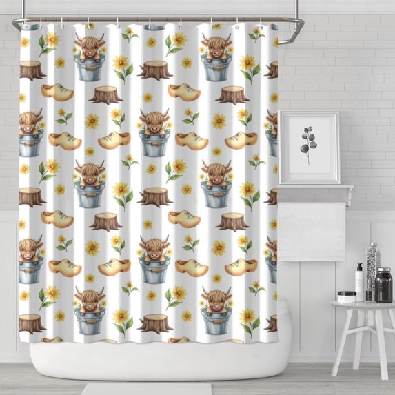 Highland Cow Bucket Flower Shoe Pattern Shower Curtain 84"x72" ,Bathroom Decorative Shower Curtains Set with 12 Hooks,Modern Waterproof Washable Shower Curtain