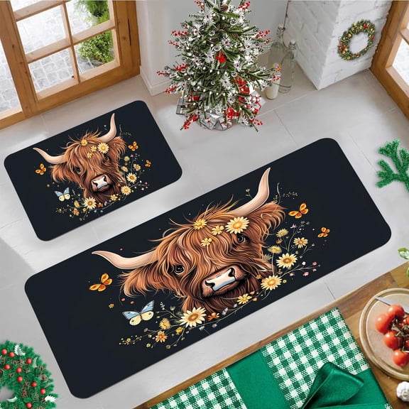 Highland Cow Butterfly Floral Kitchen Mat 3 Piece Set, Thick Flannel Non-Slip Floor Rug, Fade Resistant for Kitchen Entryway Laundry Bathroom