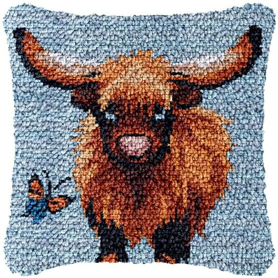 Highland Cow & Butterfly Latch Hook Pillow Kits for DIY Handmade Throw Pillow Cross Stitch Latch Hooking Pillowcase Rug Kits with Preprinted Color Pattern Canvas Crochet Yarn 17''X 17''(d105)