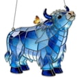thumbnail image 1 of Highland Cow Butterfly Suncatcher, 7.9 Inch Stained Glass Style Window Hanging, Farm Animal Sun Catcher Ornament, Amber Tones, Home Garden Farmhouse Decor, Gift for Cow Lovers, 1 of 5
