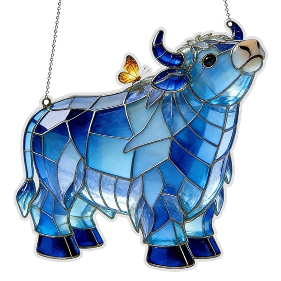 Highland Cow Butterfly Suncatcher, 7.9 Inch Stained Glass Style Window Hanging, Farm Animal Sun Catcher Ornament, Amber Tones, Home Garden Farmhouse Decor, Gift for Cow Lovers