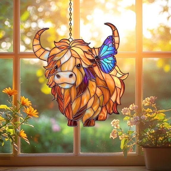 Highland Cow Butterfly Suncatcher Stained Glass Style Window Decor, Farm Animal Ornament, Home Window & Garden Farmhouse Decoration, Perfect Gift for Cow Lovers