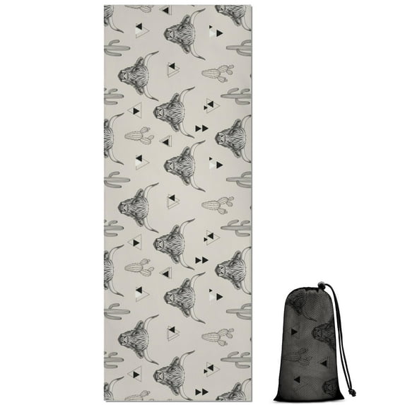 Highland Cow Cactus Triangle Pattern Hot Yoga Mat Towel Non Slip for Hot Yoga - Quick-Drying Yoga Mat Cover with 4 Corner Pockets with Travel Bag - Hot Yoga Towel Non Slip 70"x26"