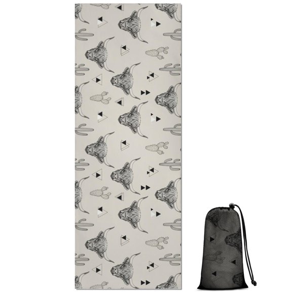 Highland Cow Cactus Triangle Pattern Hot Yoga Mat Towel Non Slip for Hot Yoga - Quick-Drying Yoga Mat Cover with 4 Corner Pockets with Travel Bag - Hot Yoga Towel Non Slip 70"x26"