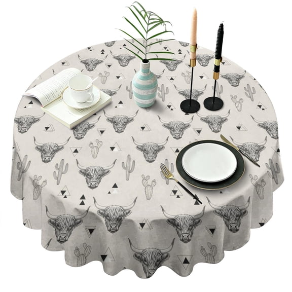 Highland Cow Cactus Triangle Pattern Round Tablecloth 60"x60",Wrinkle Wipeable Table Cloth for Kitchen Dining Room Picnic Patio Party