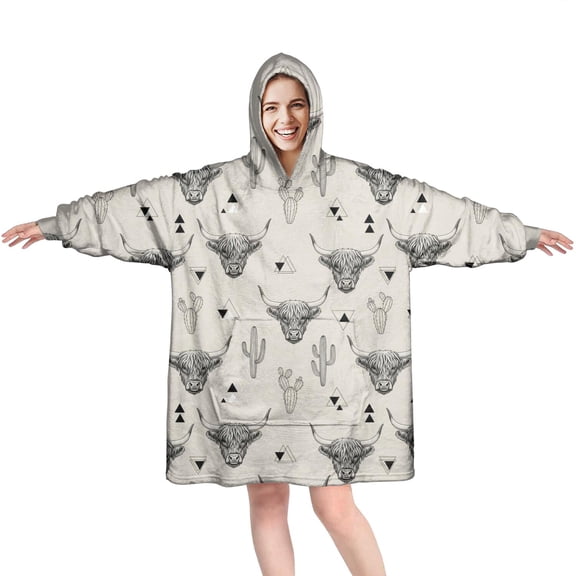 Highland Cow Cactus Triangle Pattern Wearable Oversized Blanket,Wearable Blanket Hoodie for Adults,Cozy Hooded Blankets with Super Pockets,Super Warm Fuzzy Pullover for Women & Men