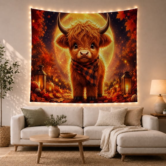 Highland Cow Calf Under Autumn Full Moon, Cozy Rustic for Farmhouse Decor Lovers, Cow Wall Art, Thanksgiving Hostess Gift, Tapestry Wall Hanging for Living Room and Cabin