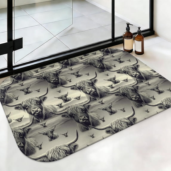 Watering Mat Highland Cow and Calf Print Non-Slip Bath Mat, Bedroom Area Mat with ...