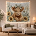 thumbnail image 1 of Highland Cow Calf Surrounded by Sunflowers and Eucalyptus, Cozy Farmhouse for Animal Lovers, Gentle Floral Wall Art, Birthday Gift, Tapestry Wall Hanging for Bedroom and Living Room, 1 of 7