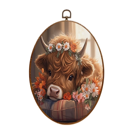 Highland Cow Canvas Wall Art Cute Baby Calf Rustic Daisy Amiable Highland Cow Flowers Soft Fur Gentle Oval Framed Canvas Prints Vintage Wall Hanging Decor for Home Decorations 8.6"x11.4"