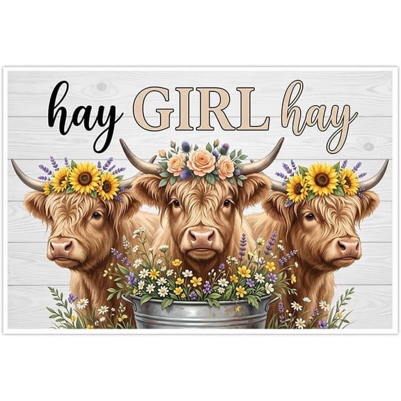 Highland Cow Canvas Wall Art Funny Hay Girl Hay Farmhouse Decor Highland Cattle with Flower Crown Sunflowers Posters Prints for Bedroom Living Room Bathroom Home