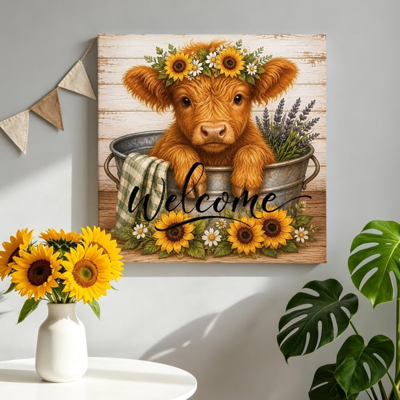 Highland Cow Canvas Wall Art for Living Room, Farmhouse Fall Sunflowers Basket Wood Grain Rustic Poster Print Painting for Bedroom Office Home Decoration Wall Pictures Prepare To Hang 8"x8"