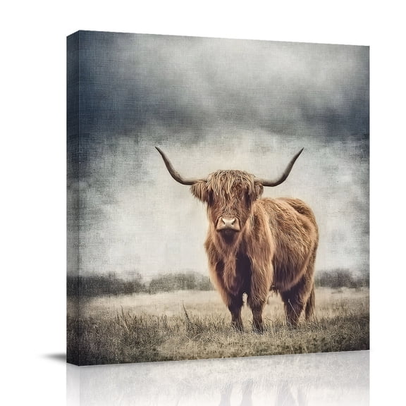 Highland Cow Canvas Wall Art for Living Room, Field Nature Animal Rural Landscape Poster Print Painting for Bedroom Office Home Decoration Wall Pictures Prepare To Hang 8"x8"
