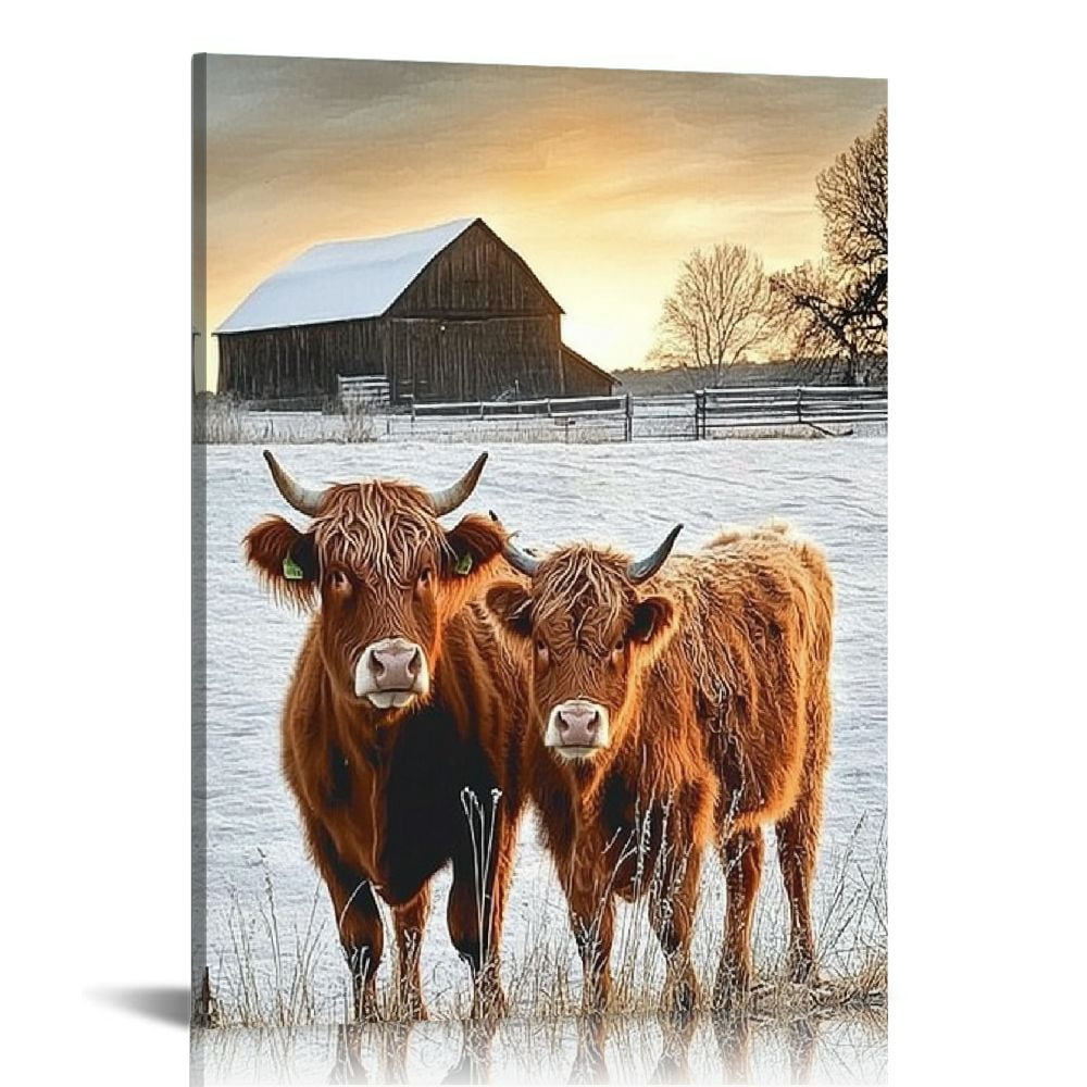 Highland Cow Canvas Wall Art – 16x24 Inch Rustic Farmhouse Painting For Living Room, Bedroom, Office Decor