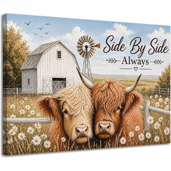 Highland Cow Canvas Wall Art, Side By Side Always Quote Print, Rustic Farmhouse Animal Decor