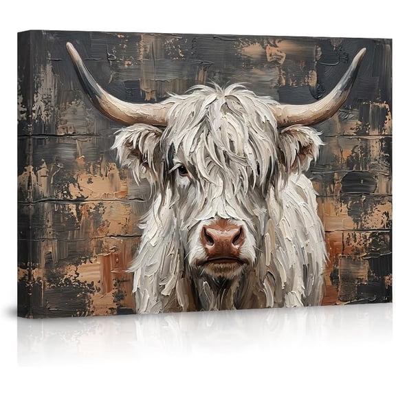 Highland Cow Canvas Wall Art White Longhorn Cattle Oil Painting Style Pictures Rustic Farmhouse Wall Decor Vintage Animal Artwork for Living Room Bedroom Office