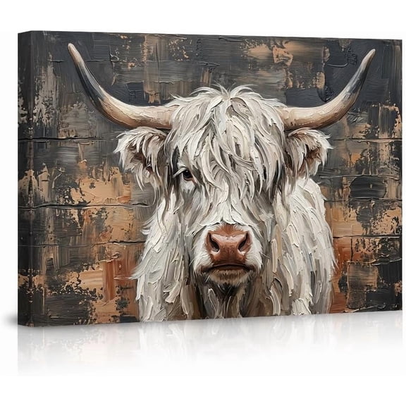 Highland Cow Canvas Wall Art White Longhorn Cattle Oil Painting Style Pictures Rustic Farmhouse Wall Decor Vintage Animal Artwork for Living Room Bedroom Office