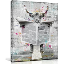Highland Cow Canvas Wall Art for Bathroom, Funny Graffiti Bedroom Wall Decor, Black and White Painting for Living Room, Restroom Picture, 12x16 Inch