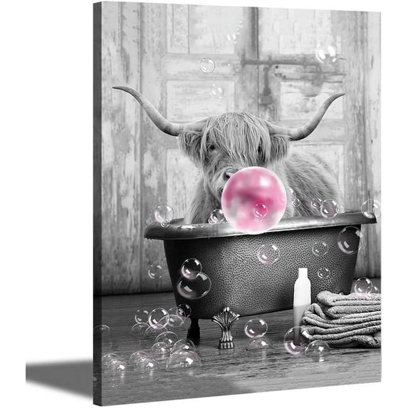 Highland Cow Canvas Wall Art in Bathtub - Pink Chewing Gum Print Picture Animal Artwork Bubble Funny Cattle Photo for Wall