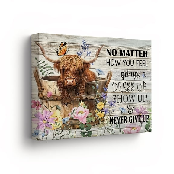 Highland Cow Canvas Wall Art with Motivational Quote Floral Design Framed Canvas Print for Home Decor