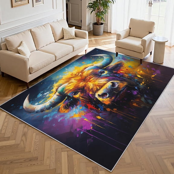 Highland Cow Cattle Area Rugs, Brown Farmhouse Rustic Animal Pattern Carpet, Washable Non Slip Low Pile Soft Rug for Living Room Bedroom Decor Mat 2x3ft
