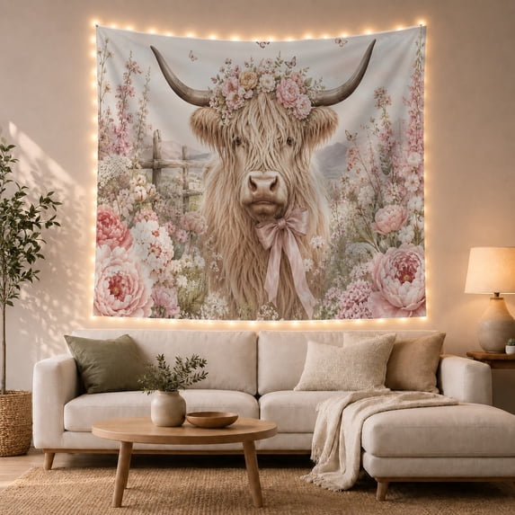 Highland Cow Centered in a Pastoral Flower Field, Serene Illustration for Animal Lovers, Farmhouse Wall Art, Housewarming Gift, Tapestry Wall Hanging for Bedroom and Studio