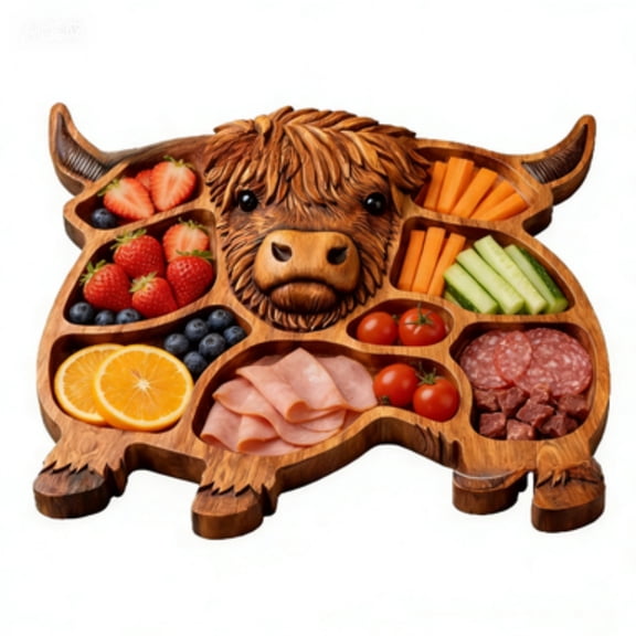 Highland Cow Charcuterie Board - Natural Solid Wood Animal Shaped Cheese Board & Serving Tray - Rustic Farmhouse Decor for Meat, Fruit & Crackers - Perfect Housewarming Gift for Cow Lovers